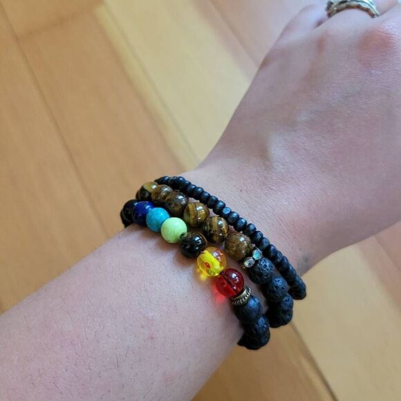 No Brand Jewelry - Set of 3 beaded bracelets faux crystal tiger's eye‎ lava beads bohemian hippie